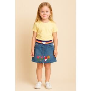 Cat & Jack Girls 6 Denim Skirt Rainbow Waistband Gnome Flower Embroidery